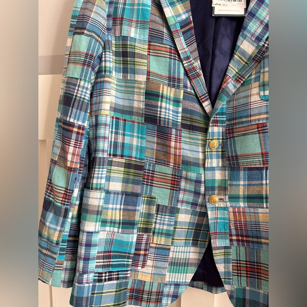 Vintage Preppy Classic Cotton Patchwork Plaid Sport Coat in Teal & Blue Size 46 - Picture 5 of 6